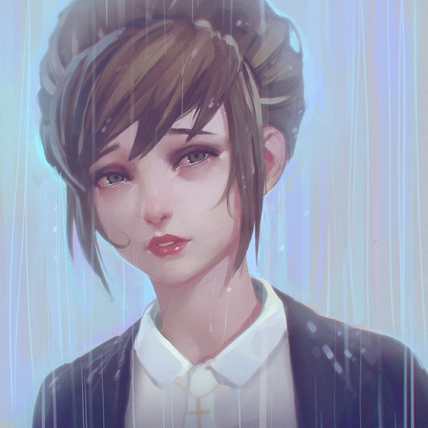 Anime picture 1080x1080 with life is strange kate marsh ilya kuvshinov single looking at viewer fringe short hair brown hair parted lips lips blurry wet grey eyes lipstick portrait rain eyebrows wet clothes red lipstick makeup