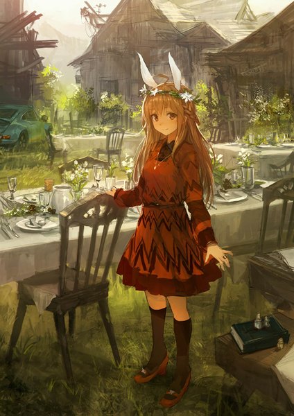 Anime picture 1000x1415 with original lm7 (op-center) single long hair tall image looking at viewer blush smile brown hair brown eyes animal ears girl dress flower (flowers) plant (plants) socks book (books) black socks chair table