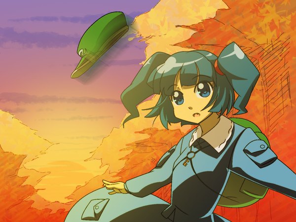 Anime picture 1089x817 with touhou kawashiro nitori shokkin single fringe short hair blue eyes blue hair looking away sky fang (fangs) two side up hat removed headwear removed girl hat backpack