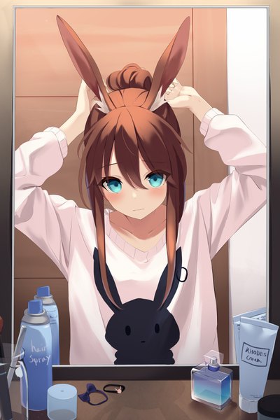 Anime picture 2329x3492 with arknights amiya (arknights) mizu (lzzrwi603) single long hair tall image looking at viewer blush fringe highres blue eyes hair between eyes brown hair animal ears payot upper body ponytail indoors arms up bunny ears