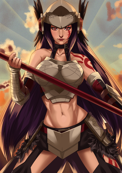 Anime picture 595x842 with grancrest senki a-1 pictures aishela (grancrest senki) kouichi09 single long hair tall image looking at viewer breasts light erotic red eyes large breasts standing bare shoulders holding payot sky purple hair cloud (clouds) midriff