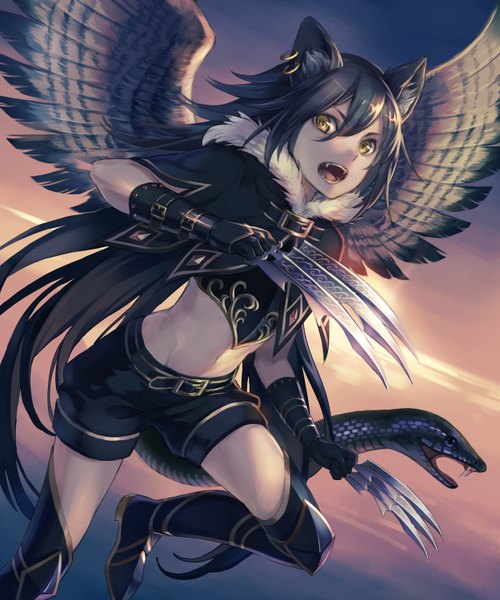 Anime picture 2500x3000 with choke (amamarin) single long hair tall image highres open mouth black hair animal ears yellow eyes sky cloud (clouds) sunlight cat ears teeth bare belly fang (fangs) screaming cat eyes girl gloves