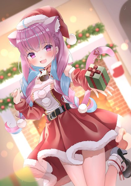 Anime picture 2894x4093 with virtual youtuber hololive minato aqua mymerody4649 single long hair tall image looking at viewer blush highres open mouth purple eyes animal ears purple hair indoors tail braid (braids) :d animal tail multicolored hair