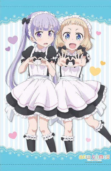 Anime picture 835x1280 with new game! doga kobo suzukaze aoba sakura nene long hair tall image looking at viewer blush fringe short hair open mouth blonde hair standing twintails purple eyes multiple girls purple hair blunt bangs maid embarrassed