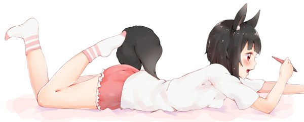 Anime picture 1245x504 with original rima (rimarip) single blush short hair breasts open mouth black hair red eyes wide image white background animal ears bent knee (knees) tail lying animal tail profile fox ears shiny skin fox tail