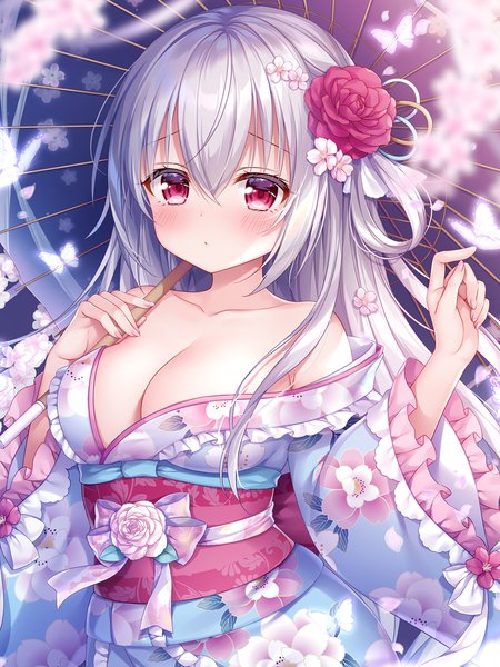Anime picture 800x1067 with original mitsuba choco single long hair tall image looking at viewer blush fringe breasts light erotic hair between eyes red eyes large breasts standing holding payot cleavage silver hair upper body nail polish