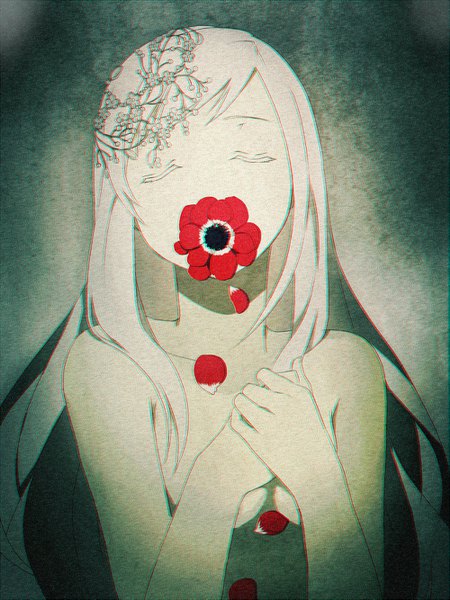 Anime picture 1000x1333 with original akami fumio single long hair tall image light erotic simple background upper body white hair eyes closed nude white skin flower in mouth girl hair ornament flower (flowers) anemone (flower)