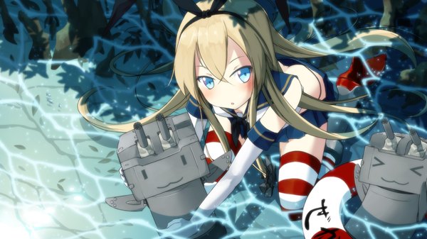 Anime picture 1920x1080 with kantai collection shimakaze destroyer rensouhou-chan o daizen long hair looking at viewer blush highres blue eyes blonde hair wide image girl thighhighs gloves bow weapon hair bow miniskirt water elbow gloves