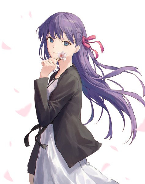 Anime picture 1500x1899 with fate (series) fate/stay night heaven's feel matou sakura tesin (7aehyun) single long hair tall image looking at viewer blue eyes smile white background holding purple hair wind cherry blossoms girl flower (flowers) ribbon (ribbons) hair ribbon