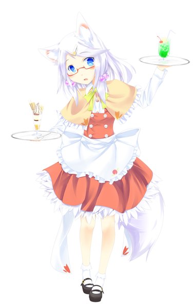 Anime picture 1280x2040 with original aki akatsuki long hair tall image blue eyes simple background white background white hair fox ears fox tail fox girl girl dress glasses food sweets ice cream