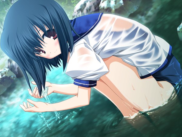 Anime picture 1600x1200 with blush highres short hair light erotic black hair red eyes outdoors wet squat nature swimsuit under clothes uniform swimsuit school uniform water transparent clothing one-piece swimsuit school swimsuit bath