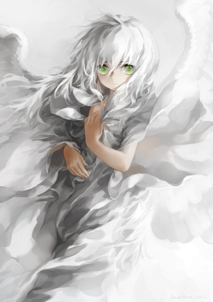 Anime picture 900x1273 with original jane mere single long hair tall image looking at viewer fringe simple background white background green eyes grey hair angel wings white wings angel girl wings