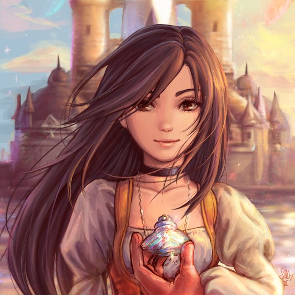 Anime picture 2000x2000 with final fantasy final fantasy ix square enix garnet til alexandros xvii stephanie sybydlo single long hair fringe highres brown hair holding brown eyes signed sky cleavage cloud (clouds) outdoors light smile wind blurry