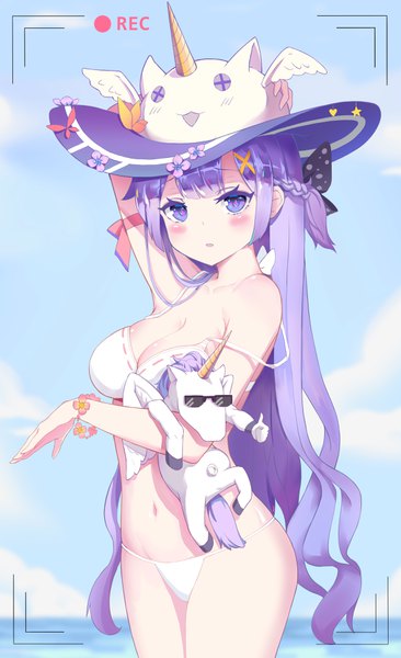 Anime picture 2200x3599 with azur lane unicorn (azur lane) kei kei (854174652) single long hair tall image looking at viewer highres breasts open mouth light erotic large breasts purple eyes sky purple hair cloud (clouds) braid (braids) parted lips blurry depth of field