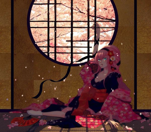Anime picture 1199x1050 with vocaloid the tailor shop on enbizaka (vocaloid) megurine luka yunomi (yunomi imonuy) single long hair looking at viewer fringe open mouth sitting cleavage traditional clothes japanese clothes hair flower aqua eyes sunlight shadow cherry blossoms girl hair ornament