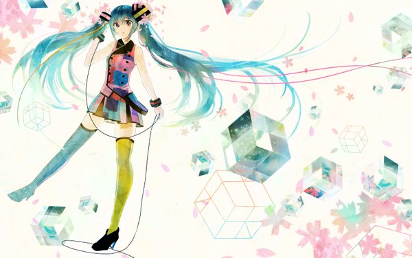 Anime picture 1500x941 with vocaloid hatsune miku long hair looking at viewer twintails multicolored hair girl thighhighs dress petals shoes bracelet microphone