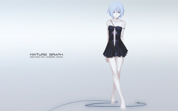 Anime picture 1680x1050 with original nagi ryou single looking at viewer short hair blue eyes simple background wide image bare shoulders blue hair barefoot bare legs wallpaper crossed legs hands behind back third-party edit skinny girl dress black dress