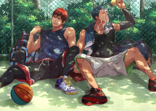 Anime picture 1280x912 with kuroko no basket production i.g aomine daiki kagami taiga zawar379 short hair red eyes sitting bare shoulders blue hair looking away red hair eyes closed profile sweat boy detached sleeves water shorts ball