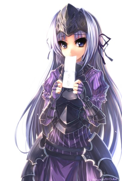 Anime picture 1018x1500 with kore wa zombie desu ka? studio deen eucliwood hellscythe windforcelan single long hair tall image blue eyes simple background white background silver hair mouth hold girl dress armor fingerless gloves notebook