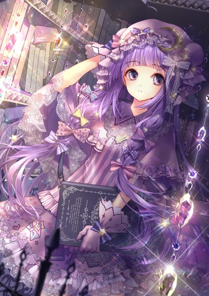 Anime picture 849x1200 with touhou patchouli knowledge lilithbloody single long hair tall image fringe purple eyes holding looking away purple hair blunt bangs blurry sparkle dutch angle striped hand on head girl dress gloves