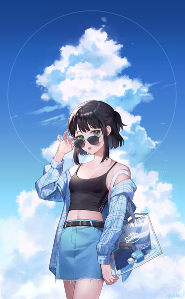 Anime picture 2000x3238 with original azit (down) single tall image highres short hair black hair green eyes sky cloud (clouds) outdoors off shoulder midriff open shirt half updo transparent adjusting sunglasses girl skirt miniskirt
