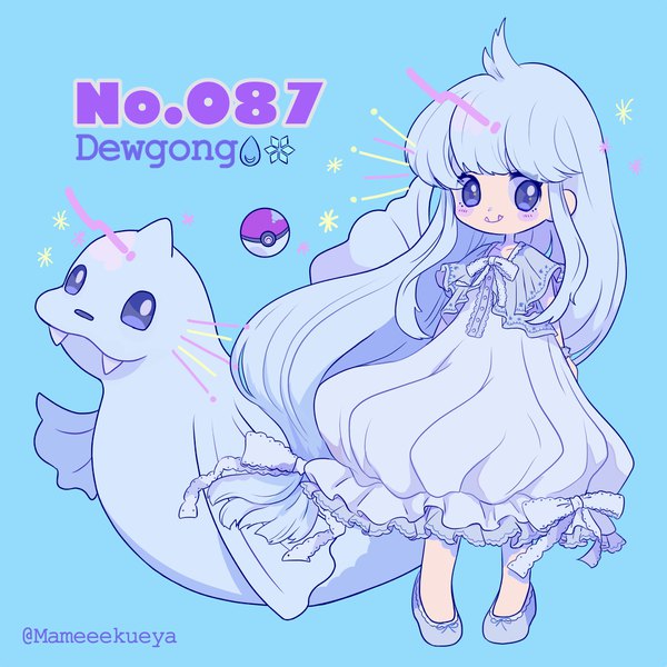 Anime picture 1923x1923 with pokemon nintendo dewgong mameeekueya single fringe highres blue eyes simple background standing signed blue hair full body ahoge blunt bangs very long hair fang (fangs) character names twitter username blue background