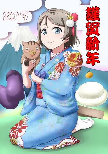 Anime picture 848x1200 with love live! sunshine!! sunrise (studio) love live! watanabe you namakochan single tall image looking at viewer blush fringe short hair blue eyes sitting holding full body traditional clothes japanese clothes grey hair wide sleeves mountain