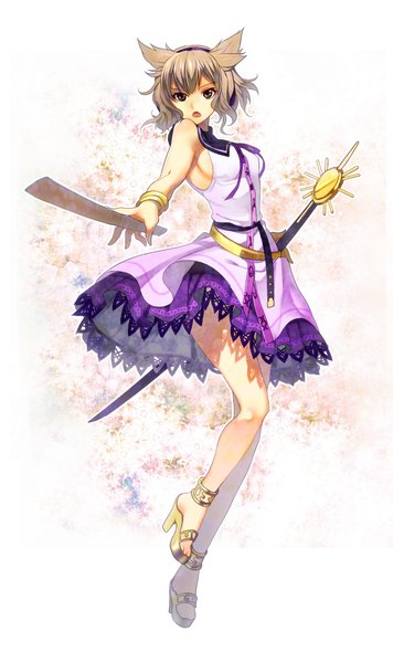 Anime picture 627x1055 with touhou toyosatomimi no miko wadani hitonori single tall image fringe short hair open mouth simple background brown hair white background brown eyes looking away full body shadow legs outstretched arm girl weapon sword
