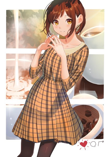 Anime picture 706x1000 with bang dream! hazawa tsugumi poligon (046) single tall image looking at viewer blush fringe short hair breasts smile brown hair brown eyes payot arms up sparkle plaid fingers together pouring girl