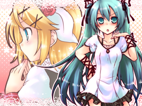 Anime picture 1280x960 with vocaloid hatsune miku kagamine rin twintails multiple girls girl 2 girls