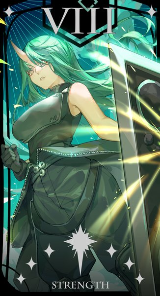 Anime picture 2247x4134 with arknights hoshiguma (arknights) kotatsu kaya single long hair tall image looking at viewer fringe highres standing yellow eyes horn (horns) green hair hair over one eye sleeveless oni horns girl gloves black gloves armor