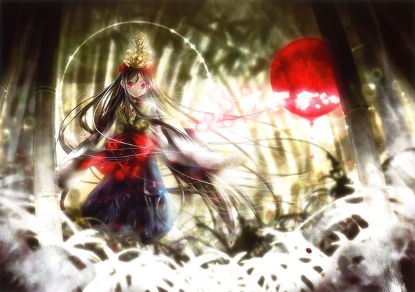 Anime picture 4600x3250 with original eshi 100-nin ten kei (keigarou) single looking at viewer highres red eyes absurdres very long hair traditional clothes girl hair ornament plant (plants) bamboo
