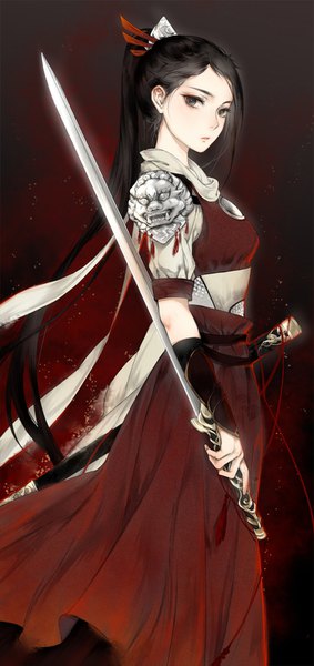 Anime picture 730x1543 with xi chu yang guan single tall image looking at viewer black hair standing ponytail very long hair traditional clothes black eyes black background arm guard girl hair ornament weapon sword scarf armor katana sheath