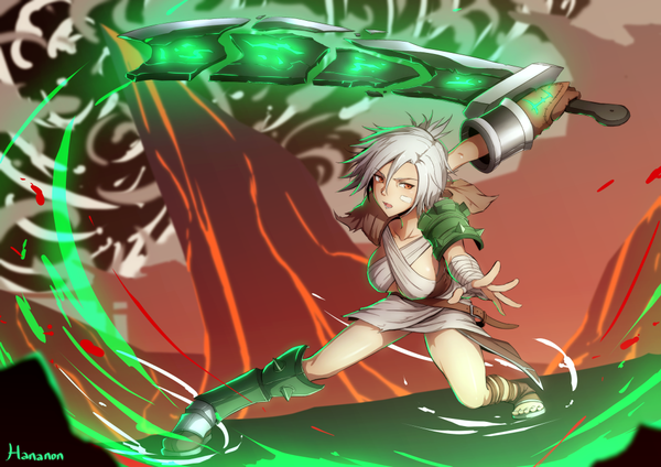 Anime picture 1052x744 with league of legends riven (league of legends) hananon single short hair breasts open mouth light erotic white hair orange eyes outstretched arm fighting stance glowing weapon girl weapon sword bandage (bandages) single glove