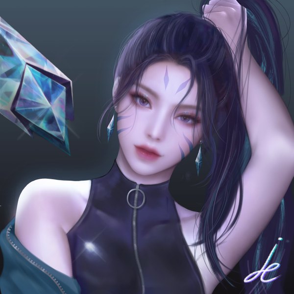 Anime picture 3000x3000 with league of legends k/da (league of legends) kai'sa the baddest kai'sa pinker single long hair looking at viewer fringe highres simple background hair between eyes purple eyes bare shoulders signed payot ponytail head tilt arm up lips