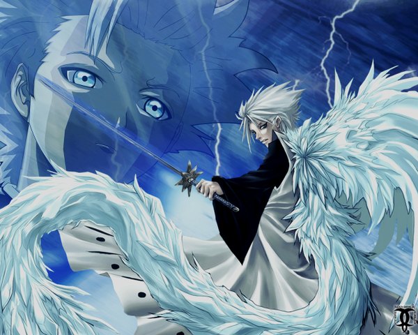 Anime picture 1280x1024 with bleach studio pierrot hitsugaya toushirou short hair blue eyes white hair lightning boy weapon sword wings katana