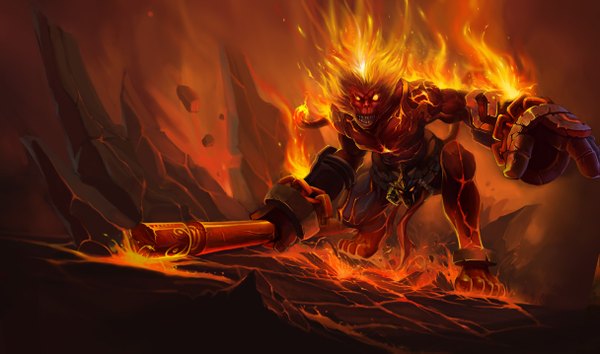 Anime picture 1215x717 with league of legends wukong (league of legends) single looking at viewer open mouth wide image yellow eyes official art teeth sharp teeth rock crack lava volcano boy weapon armor chain fire flame