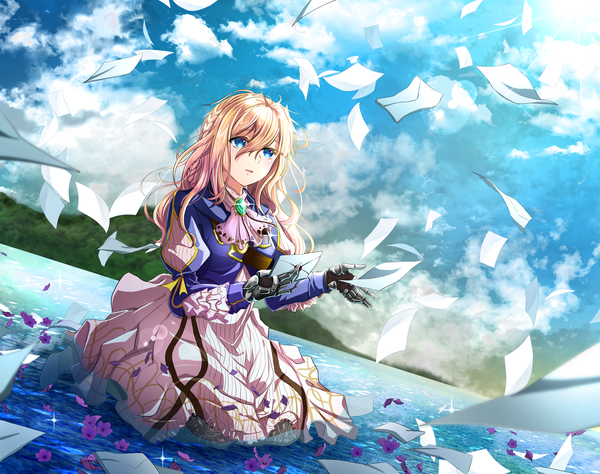 Anime picture 2348x1856 with violet evergarden kyoto animation violet evergarden (character) bouquetforangel single long hair blush fringe highres open mouth blue eyes blonde hair hair between eyes sitting looking away sky cloud (clouds) outdoors braid (braids) wind