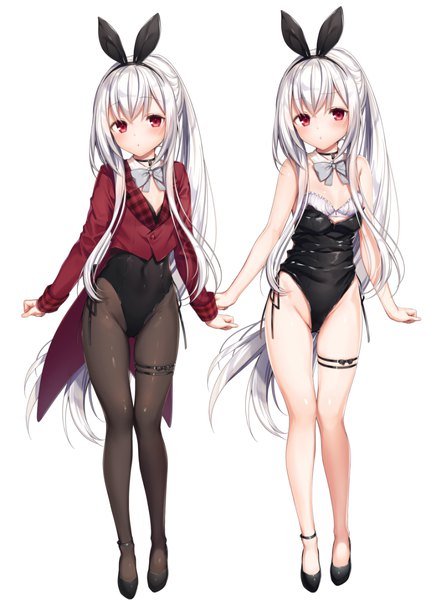 Anime picture 1245x1694 with original kasako (kasu) komeshiro kasu long hair tall image looking at viewer blush fringe breasts light erotic simple background hair between eyes red eyes standing white background animal ears payot silver hair full body ponytail