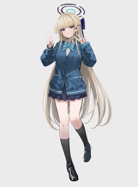 Anime picture 2508x3408 with blue archive toki (blue archive) li zhu single tall image looking at viewer blush fringe highres blue eyes simple background blonde hair standing white background full body blunt bangs long sleeves very long hair nail polish victory