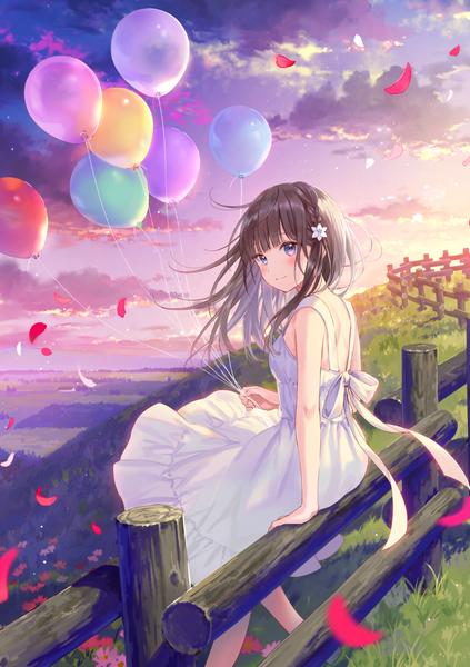 Anime picture 867x1230 with original fukahire (ruinon) single long hair tall image looking at viewer blush fringe breasts blue eyes smile brown hair sitting bare shoulders holding sky cloud (clouds) outdoors braid (braids) looking back