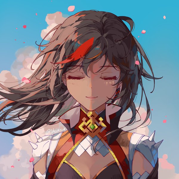 Anime picture 1100x1100 with genshin impact xinyan (genshin impact) yeurei single long hair black hair signed sky cloud (clouds) upper body eyes closed multicolored hair light smile wind streaked hair twitter username dark skin girl