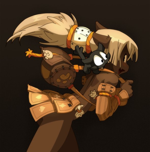 Anime picture 1114x1133 with wakfu zurkarak (character) long hair tall image blush open mouth simple background blonde hair bare shoulders ponytail teeth fang (fangs) black background girl detached sleeves backpack