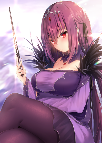 Anime picture 1050x1463 with fate (series) fate/grand order scathach (fate) (all) scathach skadi (fate) navy (navy.blue) single long hair tall image blush fringe breasts light erotic hair between eyes red eyes large breasts bare shoulders holding payot looking away cleavage