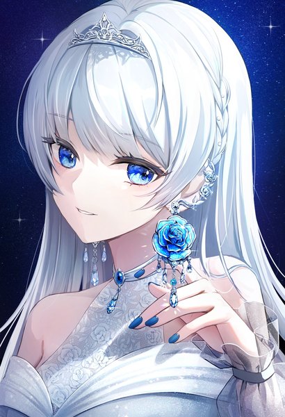 Anime picture 1100x1609 with original plus1024 single long hair tall image looking at viewer fringe blue eyes bare shoulders upper body white hair blunt bangs braid (braids) nail polish head tilt arm up fingernails floral print blue nail polish girl