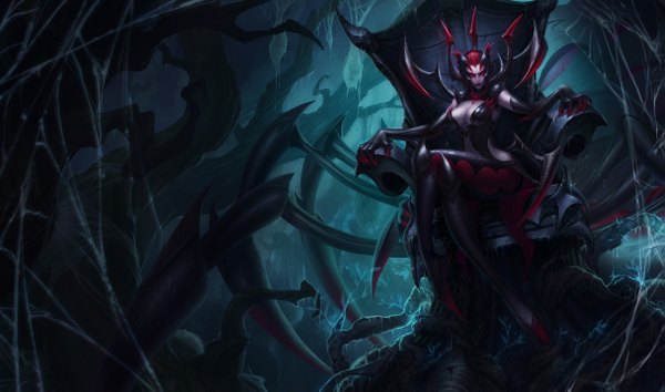 Anime picture 1215x717 with league of legends elise (league of legends) katiedesousa single short hair breasts red eyes wide image sitting red hair official art crossed legs monster girl girl armchair spider web