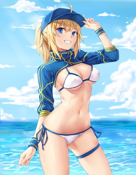Anime picture 1400x1800 with fate (series) fate/grand order artoria pendragon (all) mysterious heroine xx (foreigner) chitu hefeng zhong single tall image looking at viewer fringe short hair breasts blue eyes light erotic blonde hair smile hair between eyes standing payot sky cloud (clouds)