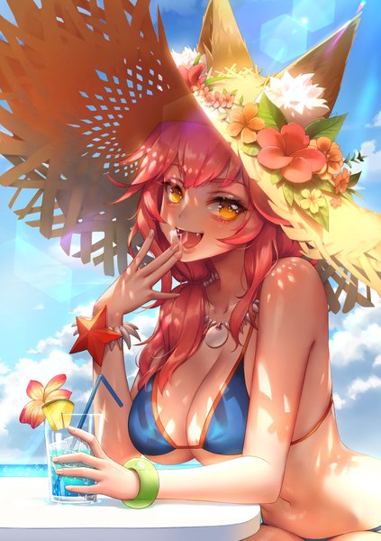 Anime picture 1619x2297 with fate (series) fate/grand order tamamo (fate) (all) tamamo no mae (swimsuit lancer) (fate) shou shizuku (deme) single long hair tall image looking at viewer blush fringe breasts open mouth light erotic smile hair between eyes large breasts sitting bare shoulders holding