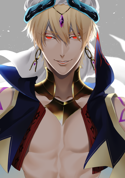 Anime picture 1413x2000 with fate (series) fate/grand order gilgamesh (fate) xxxsenon single tall image looking at viewer fringe short hair simple background blonde hair smile hair between eyes red eyes upper body wind grey background portrait muscle boy