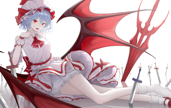 Anime picture 4000x2534 with touhou remilia scarlet fangfangtu single fringe highres short hair open mouth hair between eyes red eyes white background blue hair absurdres nail polish :d bat wings red nail polish long legs girl weapon
